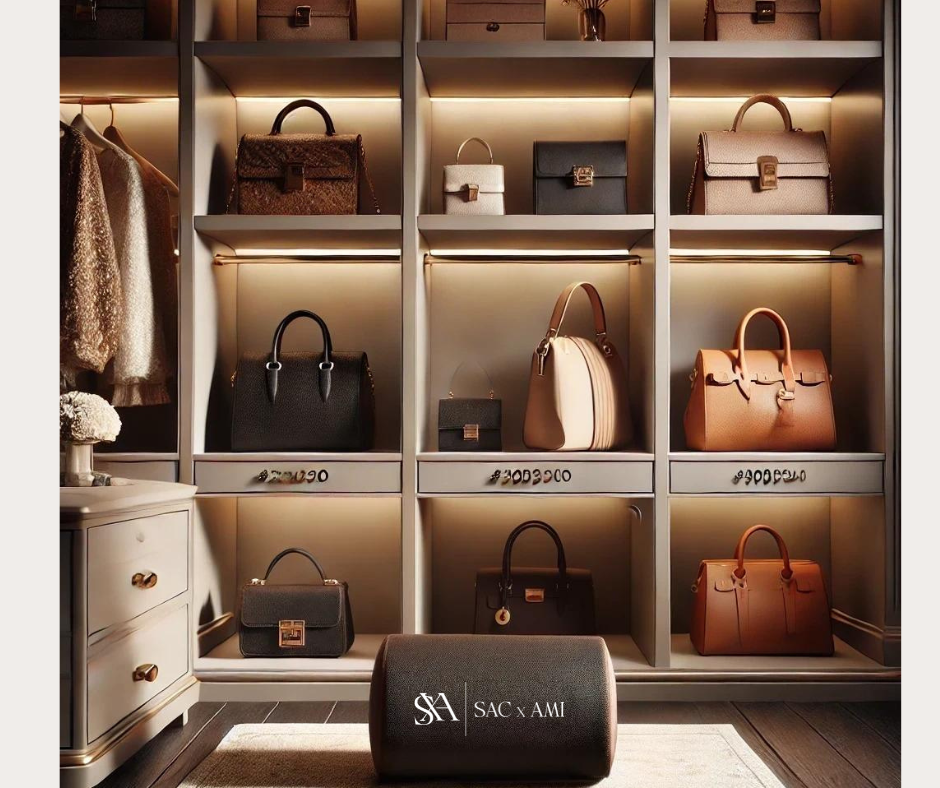 Ein eleganter Kleiderschrank mit mehreren Designer-Handtaschen in verschiedenen Größen und Farben, stilvoll auf beleuchteten Regalböden präsentiert. Im Vordergrund liegt ein schwarzes SAC x AMI-Taschenpolster, das die Handtaschen vor Verformungen schützt.
