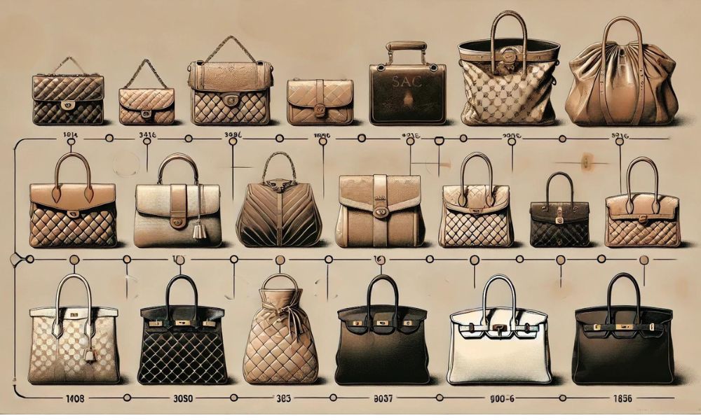 llustration zeigt die Entwicklung von Handtaschen im Laufe der Jahrhunderte. Von mittelalterlichen Lederbeuteln bis zu eleganten, ikonischen Designertaschen des 20. und 21. Jahrhunderts wie der Chanel 2.55 und Hermès Birkin.
