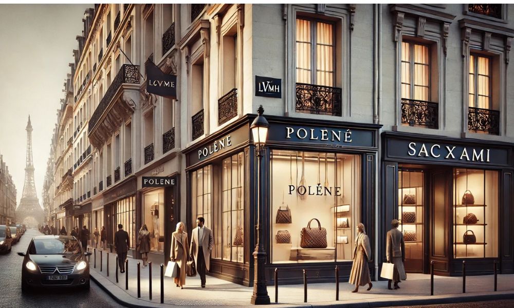 Eine elegante Einkaufsstraße in Paris mit den Schaufenstern der Marken Polène, SAC x AMI und LVMH. Im Hintergrund ist der Eiffelturm zu sehen, während stilvoll gekleidete Menschen an den luxuriösen Boutiquen vorbeigehen.