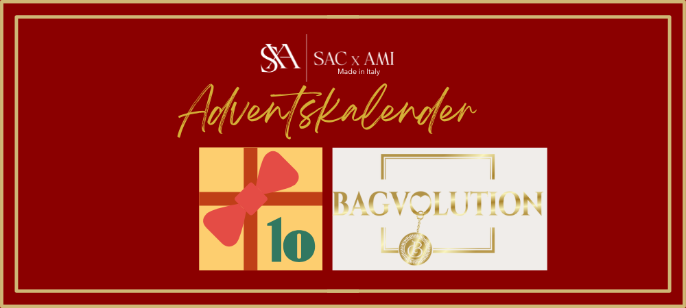 SAC x AMI Adventskalender 2024 – Türchen 10 mit Bagvolution, präsentiert auf einem eleganten roten Banner mit goldenem Design. Bagvolution: Innovativer Schutz und Pflege für deine Designer-Handtaschen. Luxuriöser Adventskalender für Handtaschenliebhaber.