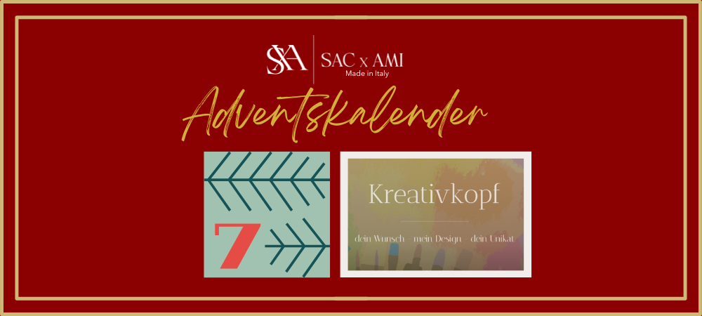 SAC x AMI Adventskalender 2024 – Türchen 7 mit Kreativkopf, illustriert auf einem eleganten roten Banner mit festlichem Design. Kreativkopf: Dein Wunsch – mein Design – dein Unikat. Exklusiver Adventskalender für Design- und Handtaschenliebhaber.