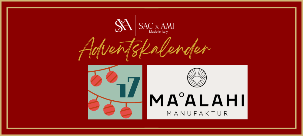 SAC x AMI Adventskalender 2024 – Türchen 17 mit Ma°Alahi Manufaktur, dargestellt auf einem eleganten roten Banner mit weihnachtlichem Design. Ma°Alahi Manufaktur: Handgefertigte, hochwertige Produkte für einzigartige Momente.