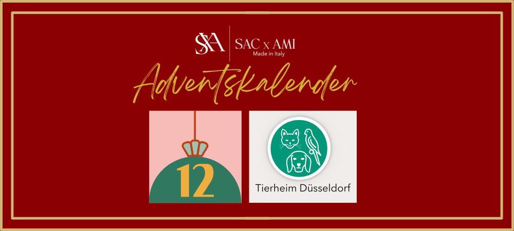 SAC x AMI Adventskalender 2024 – Türchen 12 mit dem Tierheim Düsseldorf, dargestellt auf einem eleganten roten Banner mit weihnachtlichem Design. Unterstützung für das Tierheim Düsseldorf: Gemeinsam für Tiere in Not.