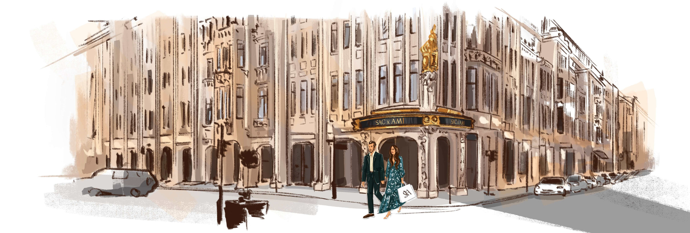 Kreative Illustration einer Häuserfront mit eleganten Verzierungen. Im Vordergrund läuft ein Paar mit Einkaufstüte von SAC x AMI aus dem entsprechenden Laden heraus