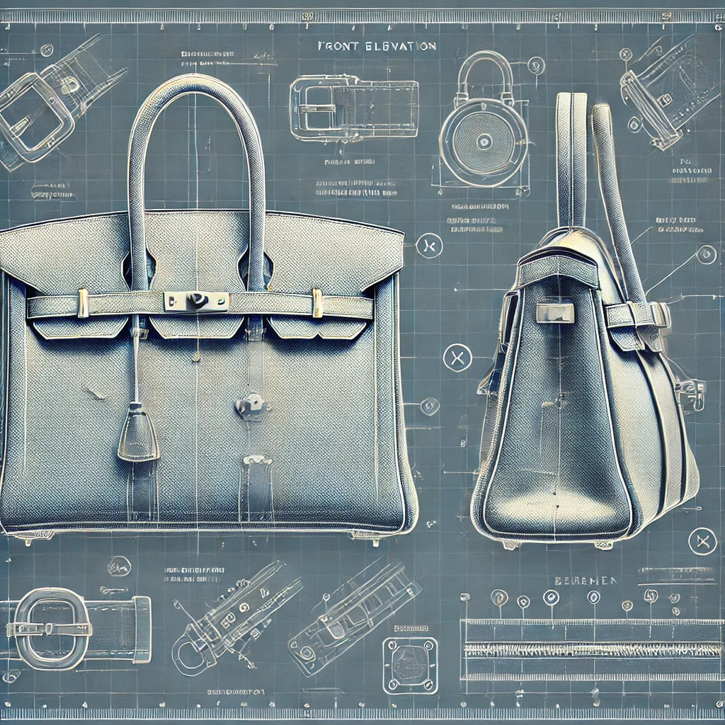 SAC x AMI Taschenpolster - Technische Zeichnung einer Designer-Handtasche, die verschiedene Ansichten und Details zeigt. Die Abbildung betont die präzise Konstruktion und das Design einer hochwertigen Tasche.