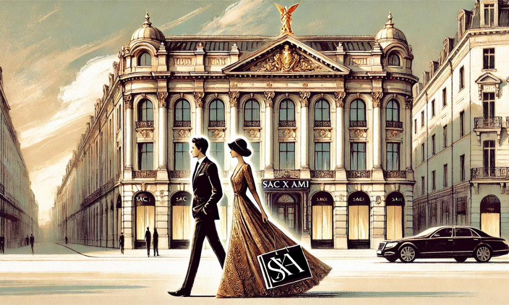 Ein elegantes Paar, das in stilvoller Kleidung vor einem imposanten Gebäude mit der Aufschrift "SAC x AMI" vorbeigeht. Die Szene strahlt Luxus und Exklusivität aus, mit dem Fokus auf hochwertige Mode und Accessoires.