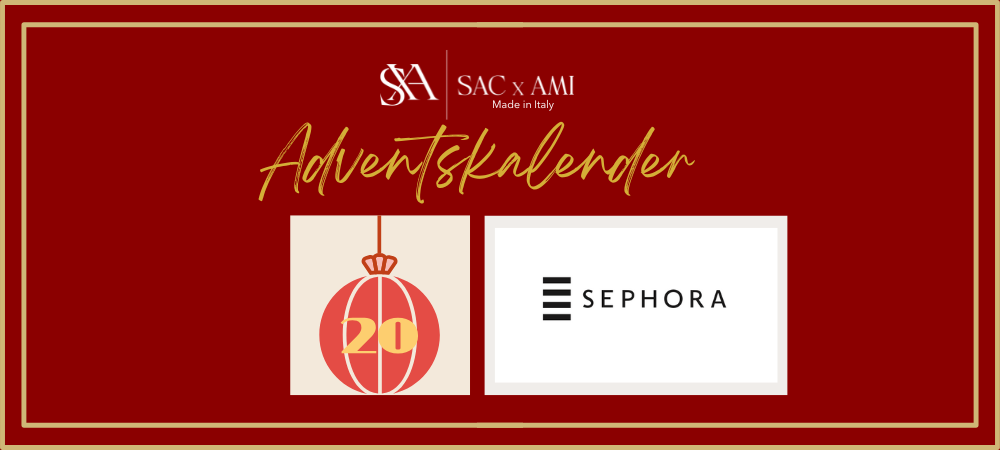 SAC x AMI Adventskalender 2024 – Türchen 20 mit Sephora, dargestellt auf einem eleganten roten Banner mit weihnachtlichem Design. Sephora: Exklusive Beauty-Produkte für glamouröse Momente.
