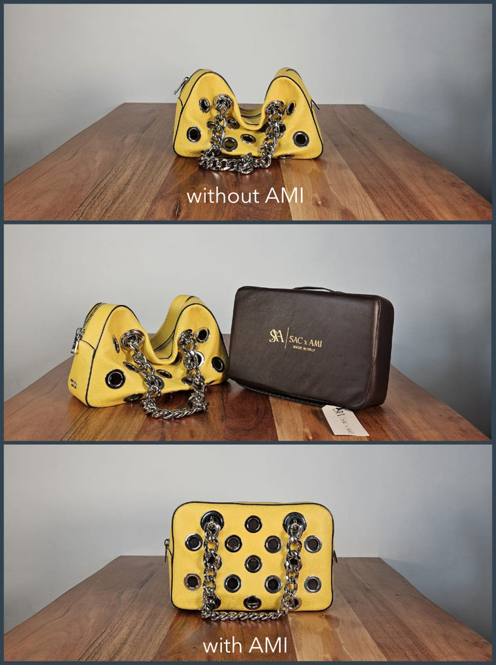 Sac x AMI Taschenpolster zum Schutz und zur Pflege von Designer-Handtaschen. Vorher-Nachher Vergleich zeigt den Unterschied mit und ohne Polster.