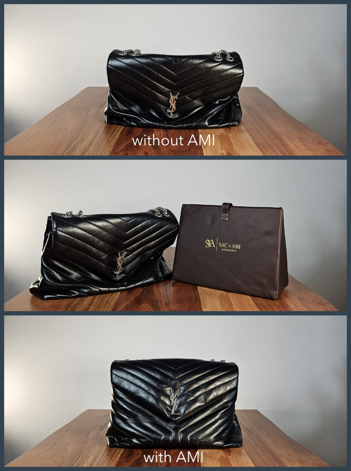 Sac x AMI Taschenpolster zum Schutz und zur Pflege von Designer-Handtaschen. Vorher-Nachher Vergleich zeigt den Unterschied mit und ohne Polster.